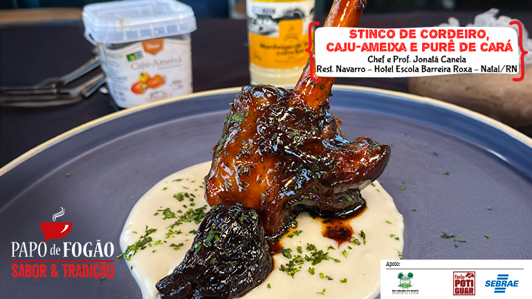 STINCO DE CORDEIRO, CAJU-AMEIXA E PURÊ DE CARÁ