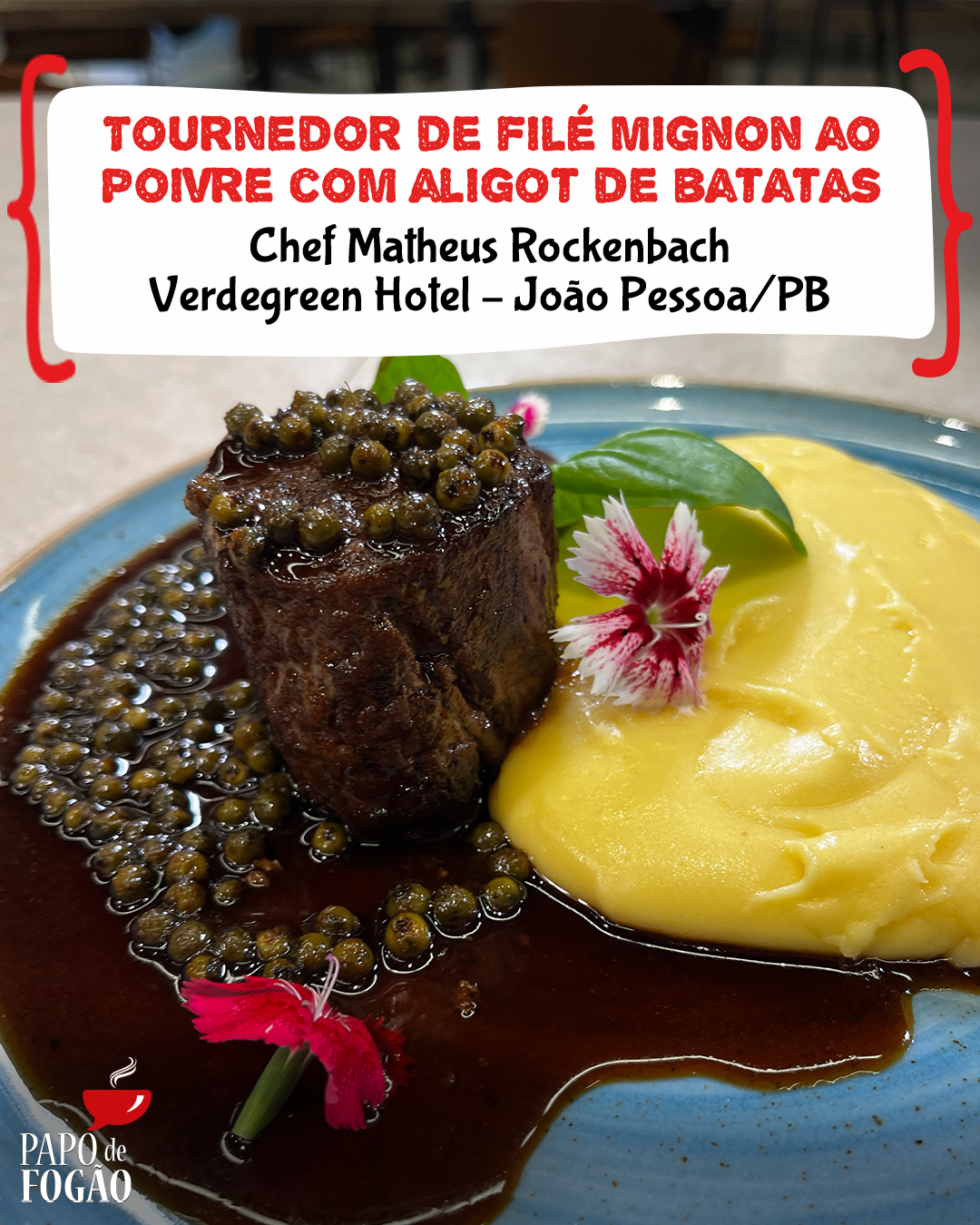 TOURNEDOR DE FILÉ MIGNON AO POIVRE COM ALIGOT DE BATATAS