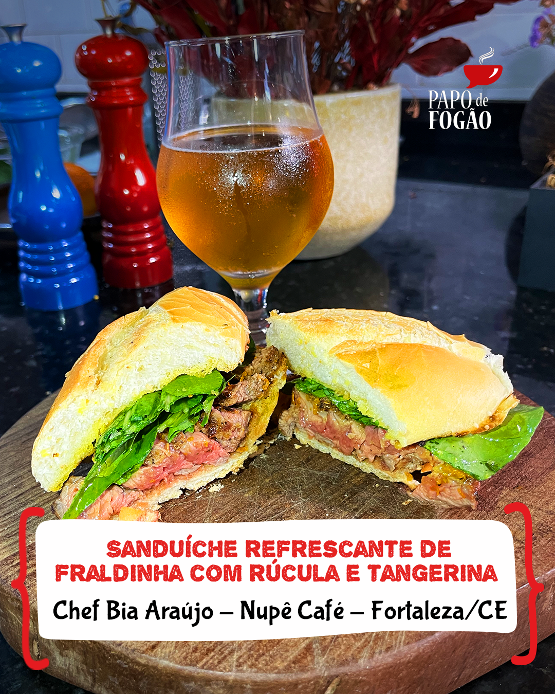 SANDUÍCHE REFRESCANTE DE FRALDINHA COM RÚCULA E TANGERINA